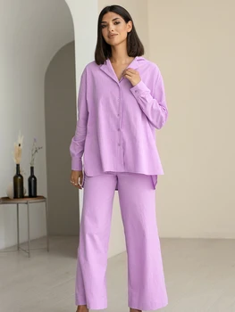 Lınad Gevşek kadın Ev Giysileri 2 Parça Setleri Rahat Uzun Kollu Pijama Kadın Pantolon Takım Elbise Sonbahar Pijama Katı Kıyafeti