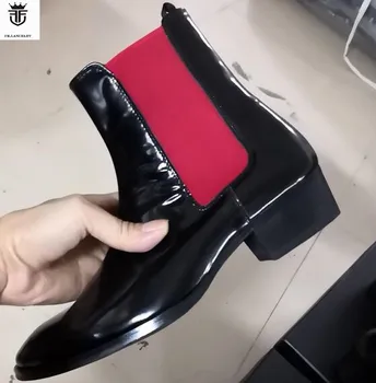 Marka Tasarım Siyah Rugan Kırmızı Elastik bant En Kaliteli Daireler Erkekler Chelsea Çizmeler Ayak Bileği Botas erkek ayakkabısı
