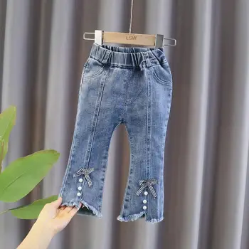 Mavi Kot Toddler Kız Alevlendi Pantolon Yeni Stil Çapak Denim Boot Cut Pantolon Yay Boncuk Geniş Bacak Kot Kızlar Çan Dipleri Pantolon