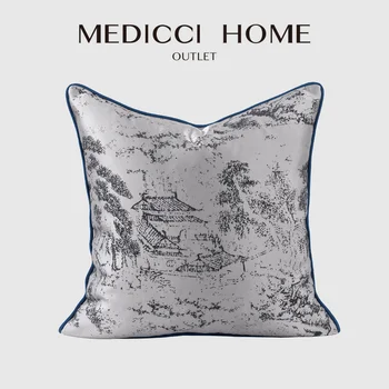 Medicci Ev Asya atmak yastık minder örtüsü Çin Manzara Boyama Jakarlı Dekoratif Kare Accent Yastık Kılıfı 45x45cm