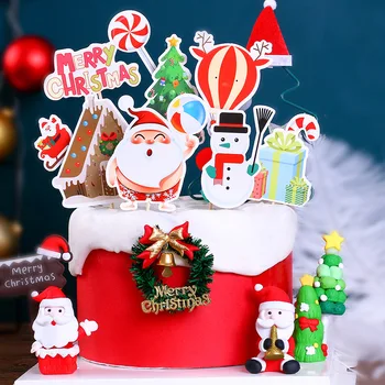 Merry Christmas Yeni Yıl Kek Topper dekorasyon kağıdı Kartı Seti Noel Baba Elk Zencefilli Ev Cupcake Tatlı Pişirme Malzemeleri