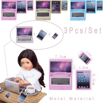 Minyatür Ürünler 3 adet/takım cep telefonu laptop onarım istasyonu Tablet İçin 18 İnç Amerikan 43cm Reborn Bebek Yeni Doğan Dollhouse Aksesuarları