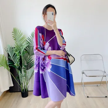 Miyake issey Miyake Pilili Elbise Yaz Kadınlar İçin 45-75kg 2022 Yeni Moda Baskılı Gevşek Streç A-Line Mini Elbiseler Diz Üstü