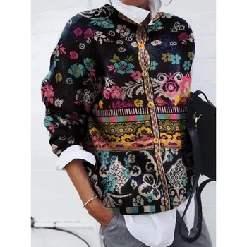 Moda Bayan Ceket Colorblock Baskı Mont ve Ceketler Kadın Düğme Giyim Ceket Bahar Sonbahar Vintage O-Boyun Hırka Ceket