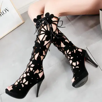 Moda Kadın Ayakkabı Siyah Yaz Sandalet Çapraz bağlı Peep Toe Orta buzağı Çizme Yüksek Topuk Ayak Bileği Kayışı Roma Çiçekler Sandalet Oymak