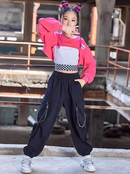 Moda Kız Elbise Sonbahar Streetwear Çocuklar Hip Hop dans kostümü Kırpılmış Kpop Kıyafet Caz Performans Takım Elbise Üstleri Pantolon BL9440