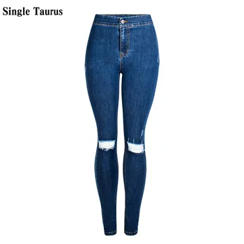 Moda Rahat Ince Esneklik Skinny Jeans İngiltere Tarzı Diz Delik Denim Mavi Pantolon Ropa Pantalones De Mujer Kadınlar için Giysi