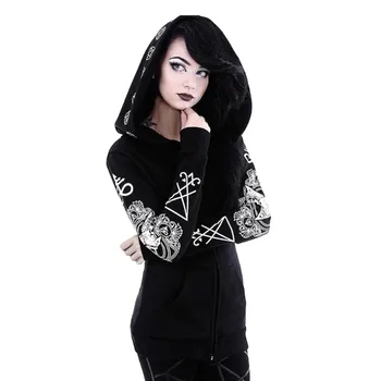 Moda Rahat Kadın Kış Gotik Punk Uzun Kollu Kapşonlu Baskı Siyah Hırka Ceket Ceket Artı Boyutu chaqueta mujer