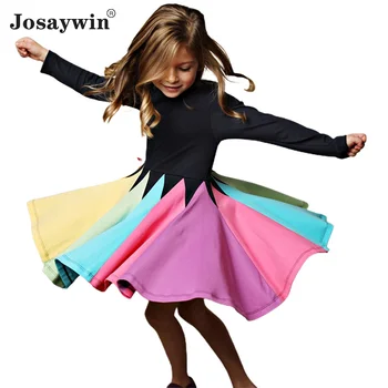 Moda Yeni Kış Sonbahar Elbise Kızlar için Bebek Çocuk Uzun Kollu Gökkuşağı Dans Parti Kız Elbise Patchwork Vestidos Çocuklar Elbiseler