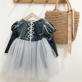 Moda Çocuk Giysileri Bebek Kız Elbise Bahar Sonbahar Uzun Kollu Ekose Kadife Elbise Örgü Peri Etek Çocuk Parti Giyim