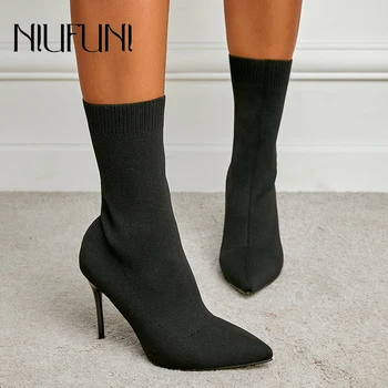 NIUFUNI Seksi Kadın Çizmeler Siyah Sivri Burun Elastik yarım çizmeler Topuklu ayakkabı Sonbahar Kış Kadın Çorap Çizmeler Stiletto Üzerinde Kayma