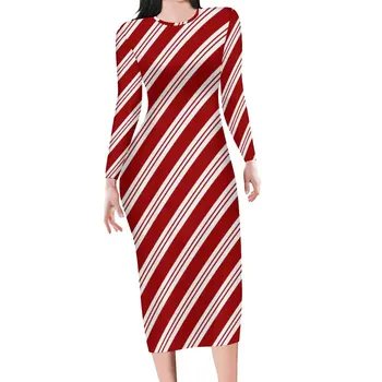 Noel Baskı Elbise Bayan Kırmızı Çizgili Estetik Bodycon Elbise Sonbahar Uzun Kollu Kulübü Elbiseler Desen Büyük Boy Vestidos
