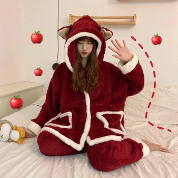 Noel Pijama Set Kadın Rahat Dış Giyim Loungewear Öğrenciler Sevimli Yaş Azaltma Sıcak Gevşek Takım Elbise Pijama Pijama