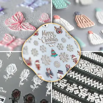 Noel Tırnak Sticker Kabartmalı Baskı Mini Charm Tasarım Empaistic Tırnak Slayt Çıkartmaları Canlı Görüntüler DIY Tırnak Kaymak Kadınlar İçin