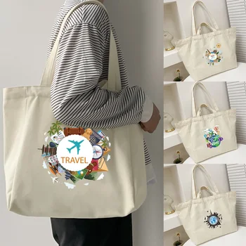 Omuz Alışveriş Çantası Kadın Çanta Baskı Kullanımlık Katlanabilir Tuval Okul Çantaları Seyahat Tote Shopper Bakkal Büyük Eko Organizatör