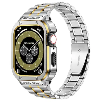 Paslanmaz Çelik Kayış + Kılıf apple saat bandı 44mm 45mm 45 44mm Metal krom çerçeve Aksesuarları iwatch serisi 4 5 SE 6 7 8