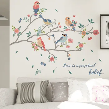 Pastoral Ağaç Dalı duvar çıkartmaları Renkli Kuşlar Duvar Çıkartmaları Oturma Odası 3D Sanat Genç Odası Dekorasyon yatak odası dekoru