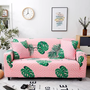 Pembe Çizgili Yeşil Yapraklar Baskılı kanepe kılıfı Oturma Odası için, Mobilya Koruyucu Silpcover, 1 2 3 4 Kişilik, Modern Sevimli Tarzı