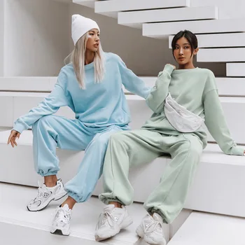 Rahat Büyük Boy İki Parçalı Set Kadın Eşofman Pantolon O-Boyun Kazaklar Tişörtü Setleri 2021 Sonbahar Kış Streetwear Kadın Takım Elbise