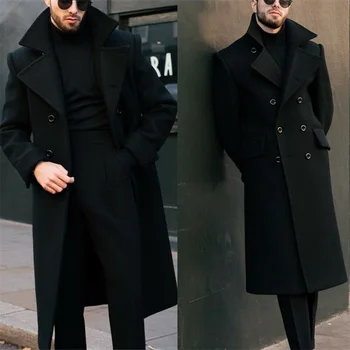 Resmi Siyah Kalın Yün Palto Custom Made Kingcoat Ceket Kruvaze Geri Bölünmüş Smokin Blazer Iş Uzun Ceket