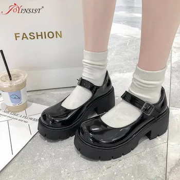 Rimocy Patent Deri Mary Jane Ayakkabı Kadınlar için 2022 Sonbahar Tıknaz Platformu Ayak Bileği Kayışı Pompaları Kadın Kalın Alt Lolita Ayakkabı PU