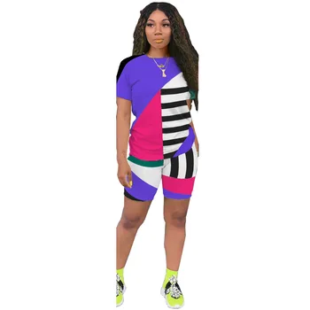 S-5XL artı boyutu iki parçalı set kadınlar için moda spor rahat Geometrik çizgili Zaman ekleme Kısa kollu O-Boyun yaz kıyafetleri