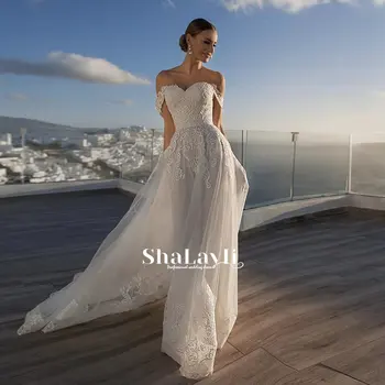 Sadelik düğün elbisesi Organze Nakış İle A-line Plaj Elbiseleri Sevgiliye Kapalı Omuz Gelinlikler Geri Lace Up