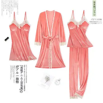 Seksi Dantel Pijama Kadın Pijama Seti Kadife Gecelik Bornoz Gevşek 4 ADET PJS Takım Elbise Kimono Kıyafeti Salonu Aşınma Sonbahar Ev giyim
