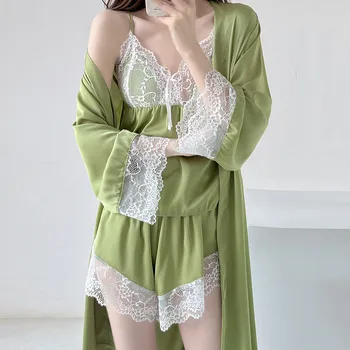 Seksi Gevşek İpek Rayon Ev Giysileri Salonu Yaz Kadın 3 ADET Pijama Pijama Seti Bej Dantel Kimono Bornoz Kıyafeti