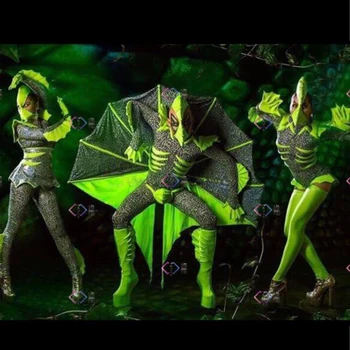 Seksi Kutup Dans Giyim Floresan Yeşil Leopar Baskı Onesie Tulum Gece Kulübü Dj Ds Giyim Sahne Gösterisi Rave Kıyafet XS5200