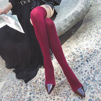 Seksi Patchwork Sivri Burun Örme Kumaş Çorap Çizmeler Oblate 7 Cm Topuklu Streç Uyluk Çizmeler Bayanlar Ince Fiit Diz Üzerinde çizmeler