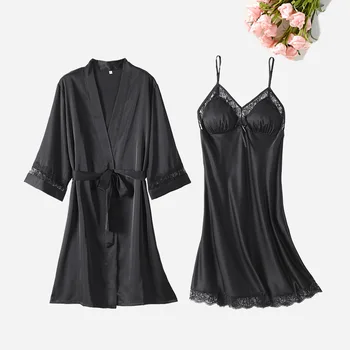 Seksi Pijama Sahte İpek Nighty & Robe Seti Kadınlar Gelin Nedime Düğün Elbise Seksi 2 Parça Kıyafeti Samimi İç Çamaşırı Gecelik