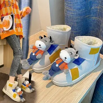 Sevimli Karikatür Kar Botları Kadın 2021 Kış Yeni Kapalı düz ayakkabı Rahat Artı Kadife Sıcak Kalın tabanlı ayakkabılar Kadın kısa çizmeler