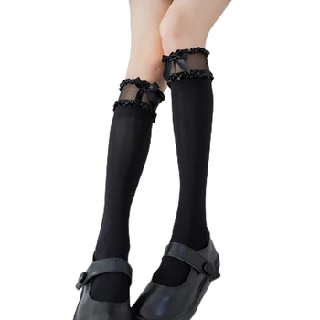 Sevimli Lolita Örgü Kızlar Dantel Çorap Seksi Yüksek Diz Çorap İlmek Fırfır Uzun Çorap Güzel Bayanlar Prenses Elastik Çorap
