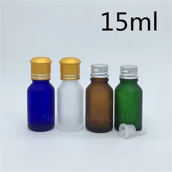 Seyahat Şişe 15 ml Yeşil Mavi Amber Şeffaf Buzlu Cam Şişe, Alüminyum Kapaklı şişeler uçucu yağ Şişesi 500 adet / grup