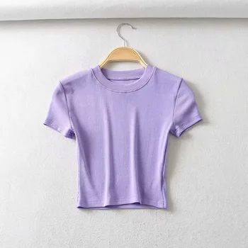 She'smoda Spor Yoga Katı Mor Kırpma Üst T-shirt kadın Gömlek Üst Harajuku