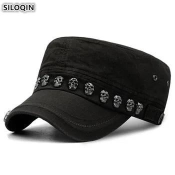 SILOQIN 2020 Yeni erkek Düz Kap Ordu Askeri Şapkalar Yenilik Punk Tarzı Erkekler Kafatası Damızlık Markalar Şapka Moda Dil Kapaklar Snapback Kap
