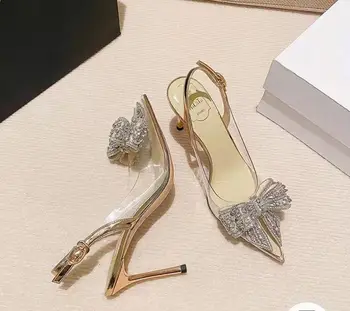Sivri burun stiletto kadın yüksek topuklu kadın ayakkabısı moda kadın ayakkabısı düğün ayakkabı yüksek topuk 8cm şeffaf yay taş