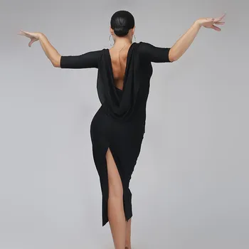 siyah backless seksi latin dans elbise kadın rumba samba kostüm seksi Perspektif dikiş salsa elbise yarışması kostüm