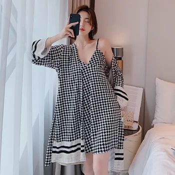 Siyah Bayan Balıksırtı Kimono Robe Elbise Takım Elbise Bahar Sonbahar Saten Bornoz Seksi V Yaka Pijama Mini Gecelik Rahat Ev Elbise