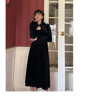 Siyah kadife uzun Fransız zarif retro gotik hollow aşk elbise kadınlar yüksek bel prenses viktorya dönemi tarzı elbise kawaii kız lolita cos