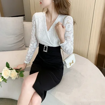 Siyah Patchwork Beyaz Dantel Seksi Midi Elbise Kadınlar Kore Vintage Ofis Bayan Elbise 2022 Zarif Bodycon Casual Parti Pist Elbise