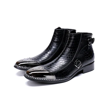Siyah Toka Fermuar İle Metal Sınırlanmıştır Erkekler Hakiki Deri Sivri Burun yarım çizmeler Artı Boyutu 46 İş İngiliz Tarzı Ayakkabı