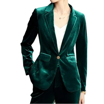 Slim Fit Kadife Iş Pantolon Takım Elbise Kadın Takım Elbise Yeşil Ofis Resmi Bayanlar Iş Elbisesi Blazer Kıyafet Pantolon Takım Elbise Custom Made