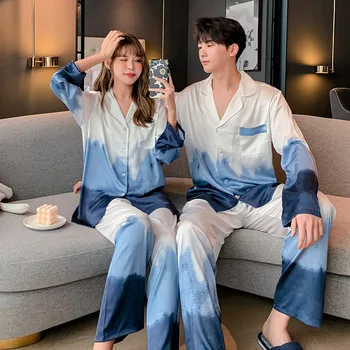 Sonbahar Bahar kadın Pijama Set Lüks Stil Moda Degrade Mavi Pijama Ipek Gibi Çift Ev Giyim Gecelik Erkekler için