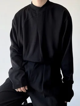 Sonbahar erkek Trend T-shirt Çin Tarzı Standı Yaka Uzun Kollu Örme Moda Çok Yönlü Düz Renk Erkek Üst