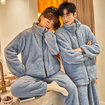Sonbahar Kış Sıcak Pazen Fermuar Çift Pijama Seti Kadın Pijama Aile Pijama Sevgilisi Gecelik Kumaş Kadın Rahat Erkek Pijama