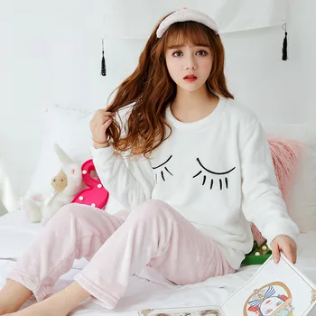 Sonbahar Kış Sıcak Pazen Kadın Pijama Setleri Kalın Mercan Kadife Uzun Kollu Karikatür Pijama İnce Pazen Pijama Seti Kız için