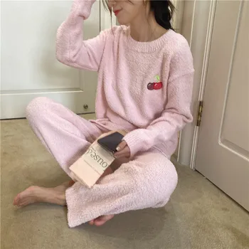 Sonbahar Kış Yeni Sıcak Kalın Pijama Set Kadın Flanel Iki Parçalı Takım Loungewear Gevşek Rahat Mercan Kadife Ev Giysileri Sabahlık