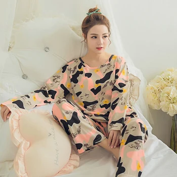 Sonbahar YENİ Baskılı Uzun Kollu Sevimli Pijama Kadın Pijama Seti Bahar Rahat Gecelik Kadın Pijama
